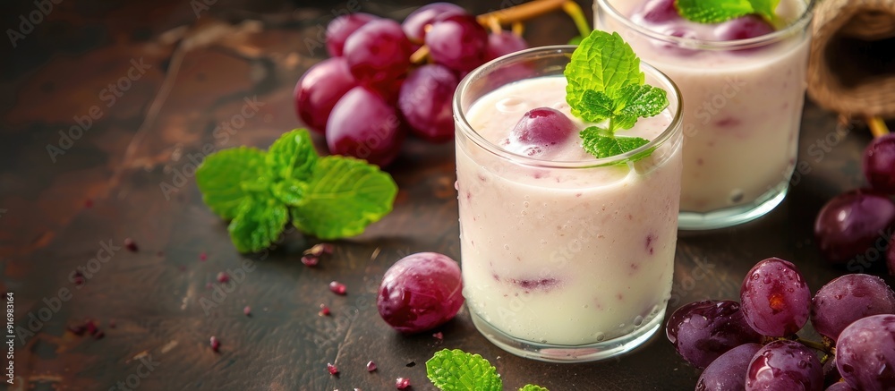 Poster Refreshing grape and yogurt smoothie garnished with slices of grapes and mint leaves featuring copy space image