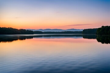 "A peaceful lake at twilight, where the water’s surface is so still that it perfectly reflects the soft colors of the setting sun. The gentle ripple of a fish breaking the surface sends calming waves 