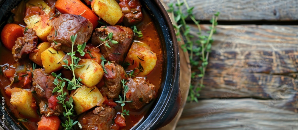 Aufkleber rustic image of a healthy meal snack with goulash meat stew vegetables and pork on a table outdoors 