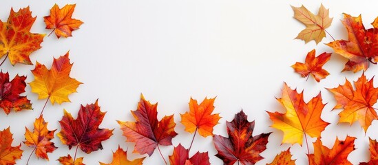 White backdrop adorned with vibrant autumn maple leaves creating a picturesque copy space image