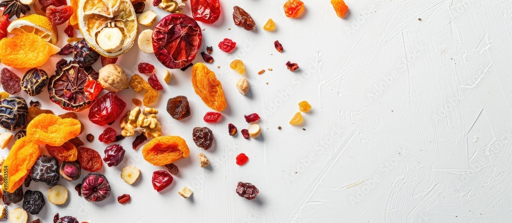 Poster Overhead view of dried fruits spread on a white backdrop providing copy space image