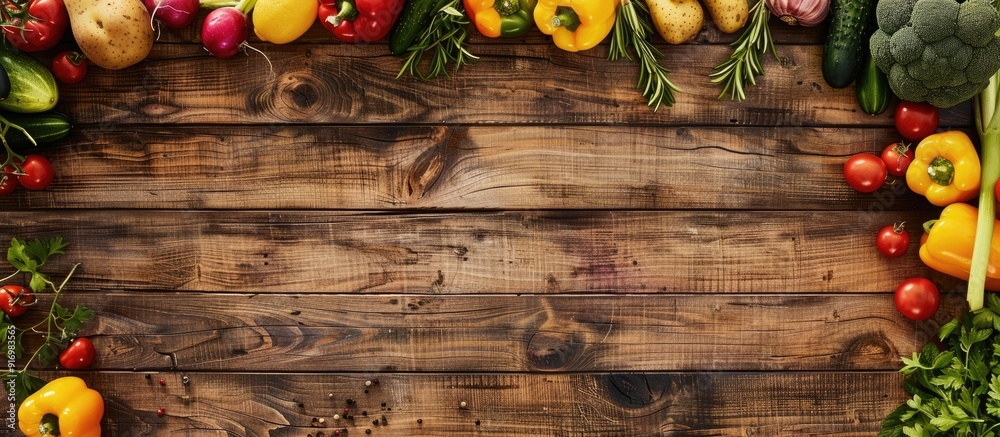 Aufkleber fresh vegetables and fruits arranged on a wooden kitchen table promoting a healthy lifestyle with a 
