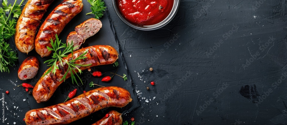 Aufkleber top view of homemade grilled sausages on a black background with tomato sauce and herbs allowing for