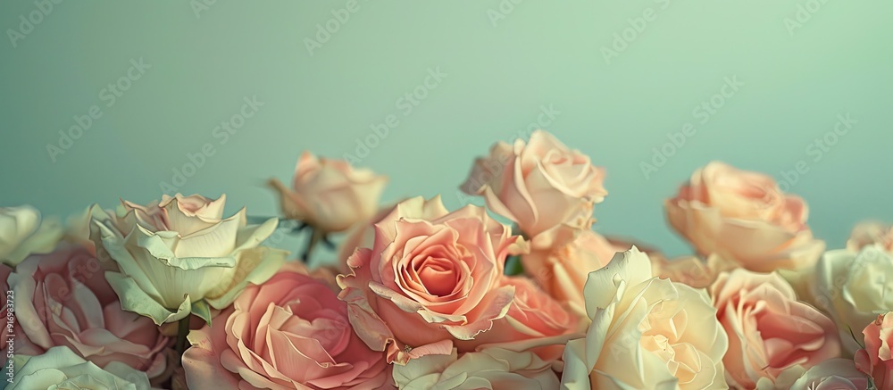 Aufkleber A lovely display of roses on a soft pastel backdrop with room for adding text in an image meant for a minimalist design concept. Creative banner. Copyspace image