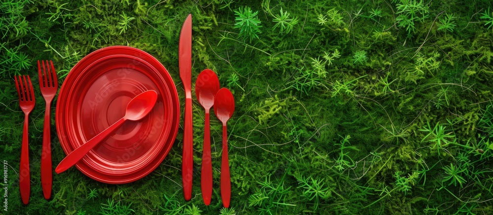 Poster Red plastic tableware placed on green grass with a moss background in a top view setting urging the ban of single use plastic with copy space for an image