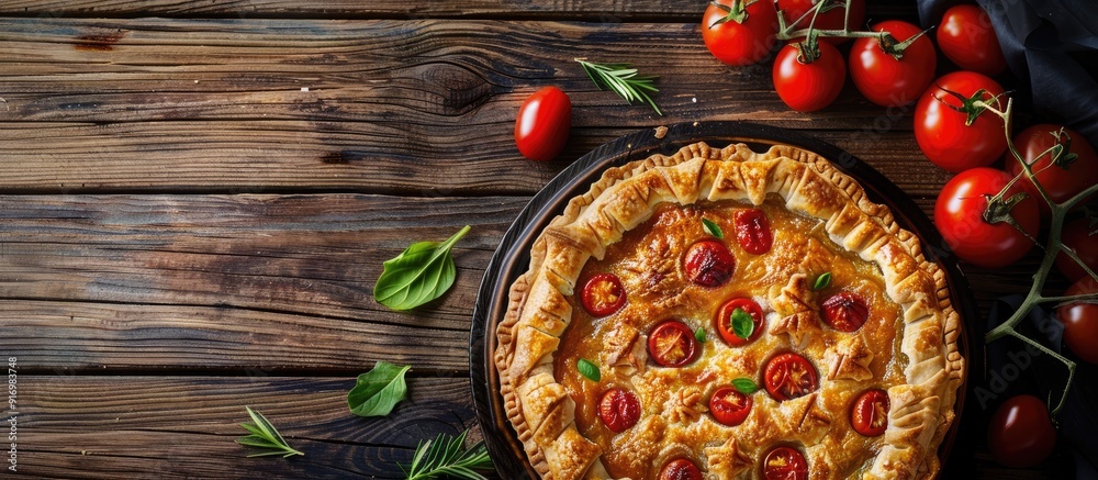 Poster vegetable pie with paprika tomatoes and cheese on a wooden surface with a blank space for an image. 