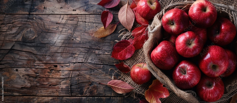 Poster Table with red apples on rustic background with copy space image