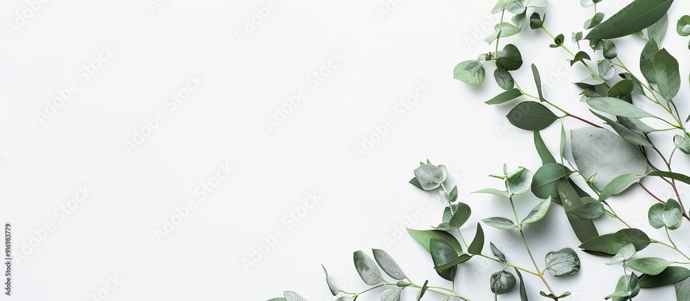 Poster green eucalyptus leaves and branches in a corner frame a white background in a feminine styled stock