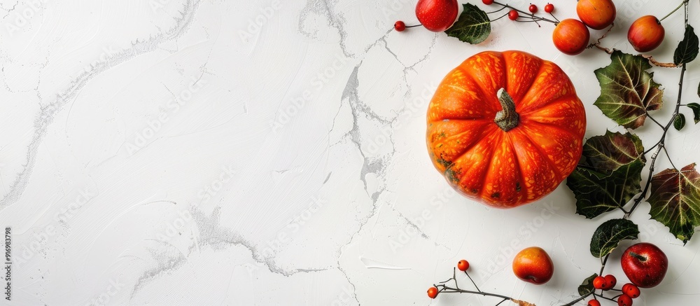 Poster top down view of a pumpkin displayed on a white table with an autumn themed background featuring cop
