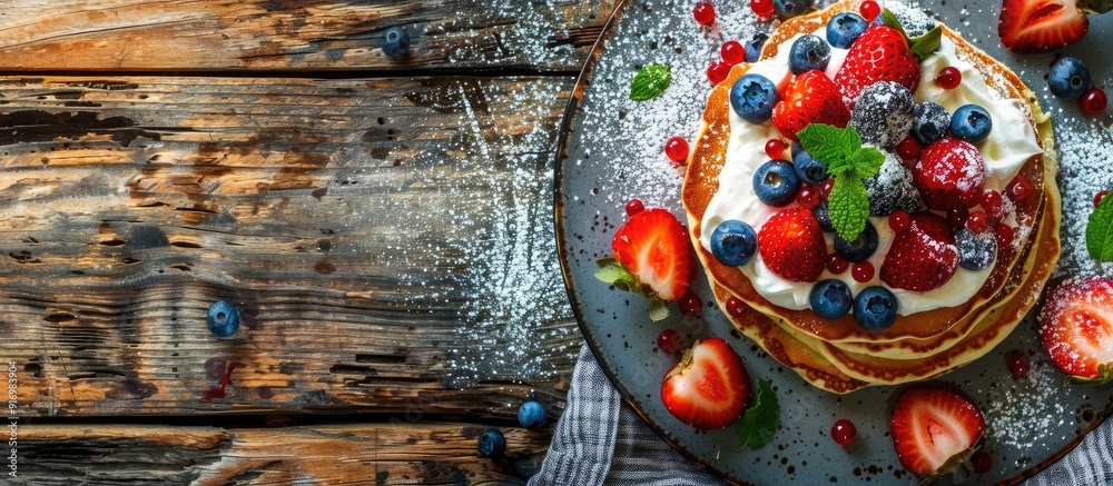 Poster Pancakes topped with berries and cream on a plate with copy space image