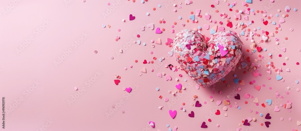 Poster valentine s day postcard featuring a creative photo of a heart surrounded by confetti on a pink back