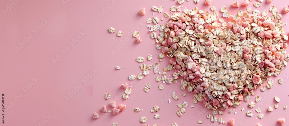 Aufkleber Background of pink with heart created from uncooked oats providing copy space image
