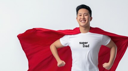 Young happy asian man with red cape, wind blowing on her white t-shirt with inscription super Dad standing on white background with space