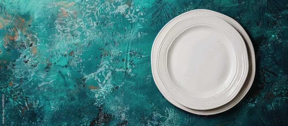 Fototapete An overhead view of an empty plate on a table with a background perfect for a copy space image