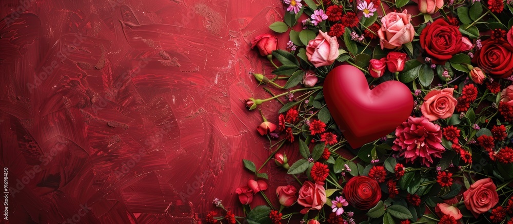 Poster Valentine s Day greeting enhanced by a picturesque floral backdrop with emphasis on selected elements with space to add text or elements in the picture. Creative banner. Copyspace image