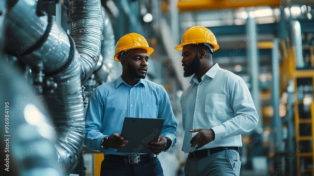 Aufkleber two professional heavy industry engineers wearing hard hats at factory walking and discussing indust