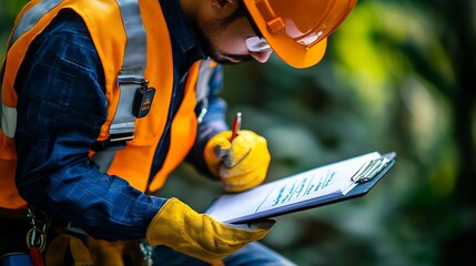 Construction miner supervisor wearing safety glove signing working at height working permit on open field job site prior to starting high risk rope access working at height constructio : Generative AI
