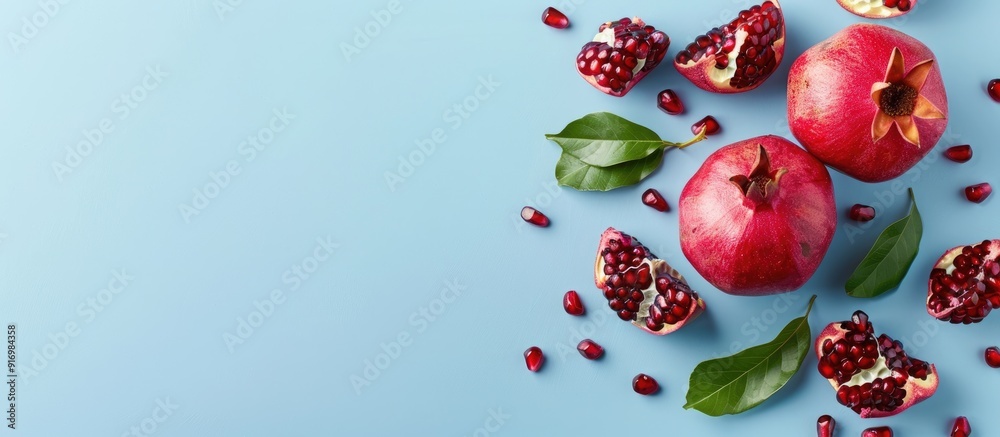 Aufkleber copy space image featuring whole and cut pomegranate fruit on a light blue background in a square la