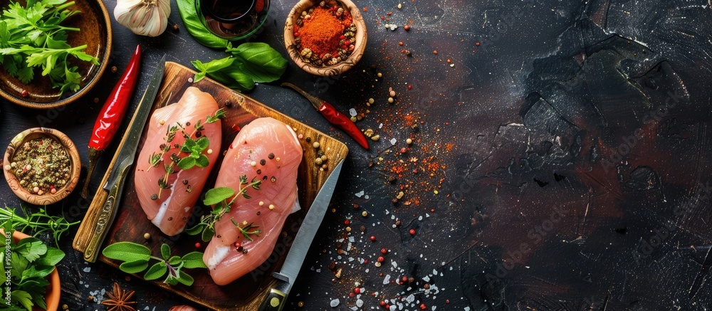 Poster top down view of raw chicken breast fillets on a wooden cutting board with herbs spices knife and am