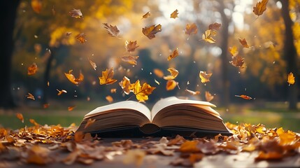 open book in the park on a wooden table with falling autumn leaves and copy space : Generative AI