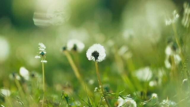 Pusteblume im Gras im Abendlicht, gegenlicht aufnahme, Vertr&auml;umt und sch&ouml;n. Slowmotion