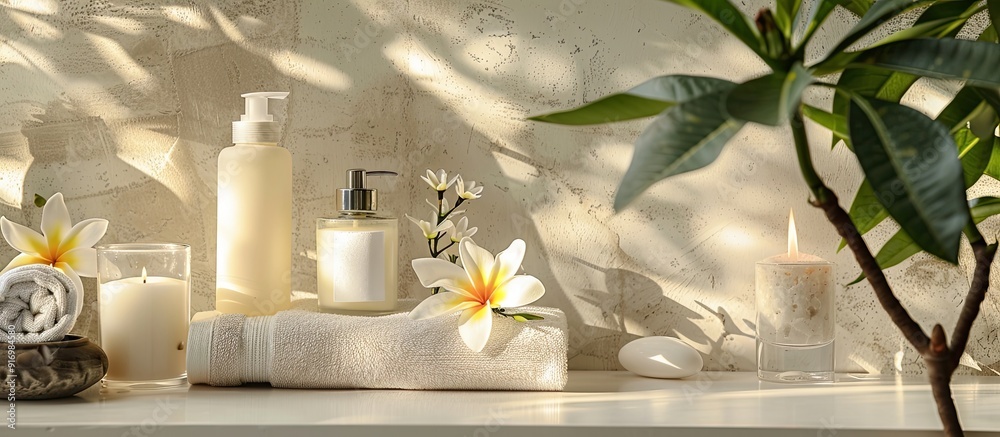 Aufkleber a serene spa wellness display with beauty and fashion items on a white table featuring a spa towel c