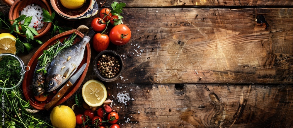 Poster Raw river fish with herbs veggies and spices on a rustic wooden backdrop in a clay pot creating a picturesque top view with room for text or other elements. Creative banner. Copyspace image