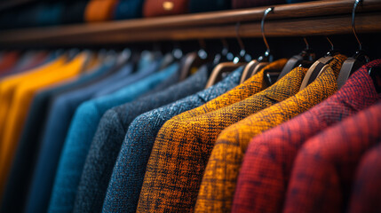 Obraz premium A Kaleidoscope of Men's Fashion: A vibrant row of tailored jackets in a sophisticated boutique, showcasing the latest trends in men's apparel. 