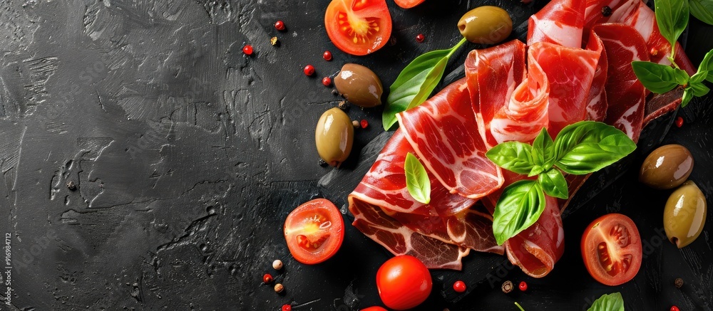 Poster Jamon with cherry tomatoes basil and olives on a black background in a top view image with selective focus and copy space available