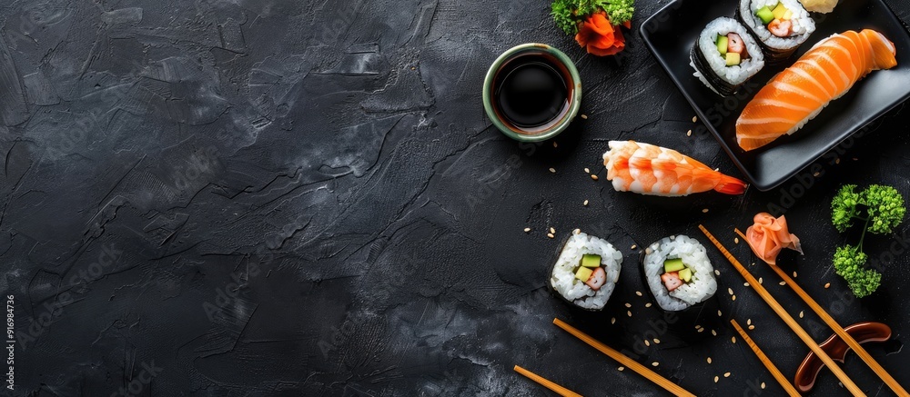 Poster top down shot on black backdrop showing sushi chopsticks soy sauce and copy space image