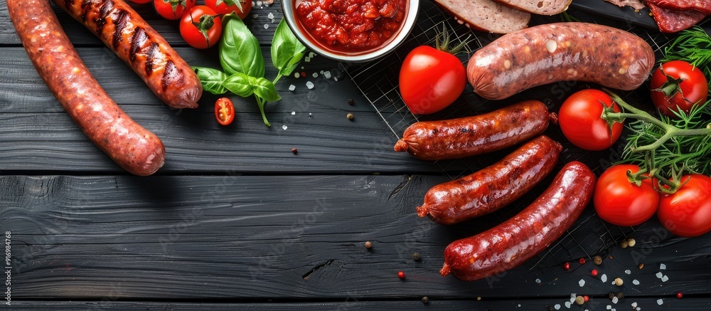 Poster varieties of tasty sausages sauce and tomatoes arranged on a black wooden table in a flat lay compos
