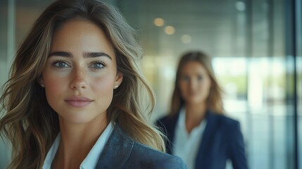 Young female executive assistant walking behind her boss preparing to give her a morning briefing in the office Two corporate business women working together in a busy financial compan : Generative AI