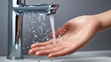 Fototapeta premium Trickling water from a modern faucet, gently falling into an open palm, emphasizing hygiene and the purity of water