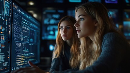 Two Beautiful Women Working in a Cyber Security Software Development Department Young Manager Updating Software Developer on the Artificial Intelligence Safety Project : Generative AI