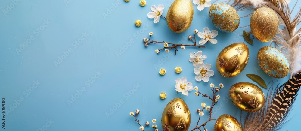 Aufkleber Easter greeting card with golden eggs feathers flowers on blue Happy Easter card idea with copy space image top down view