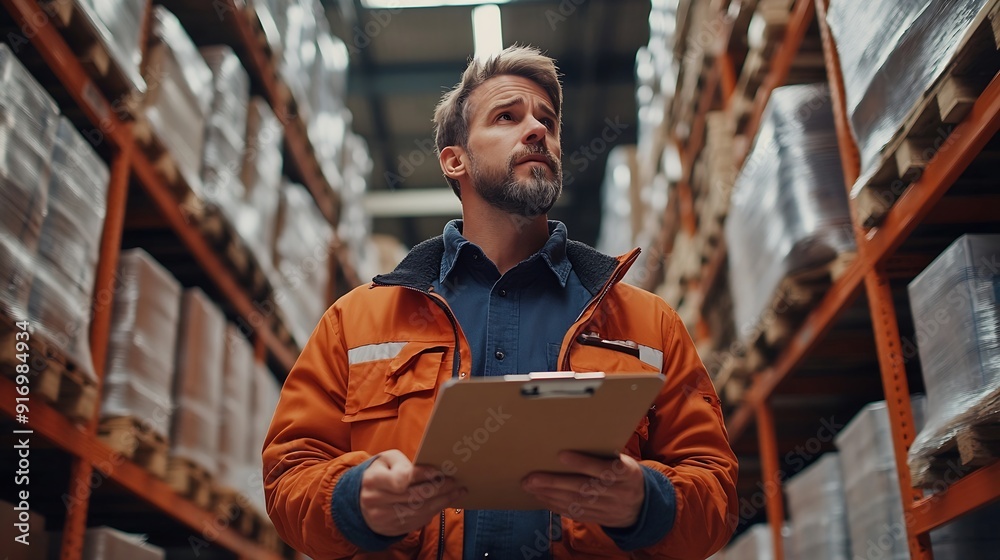 Poster portrait of warehouseman with clipboard checking delivery stock in warehouse warehouse worker prepar