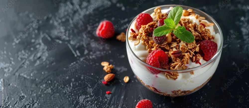 Poster Glass bowl with granola mix of yogurt nuts and fruits on dark backdrop A scrumptious and nutritious breakfast treat Copy space image close up view