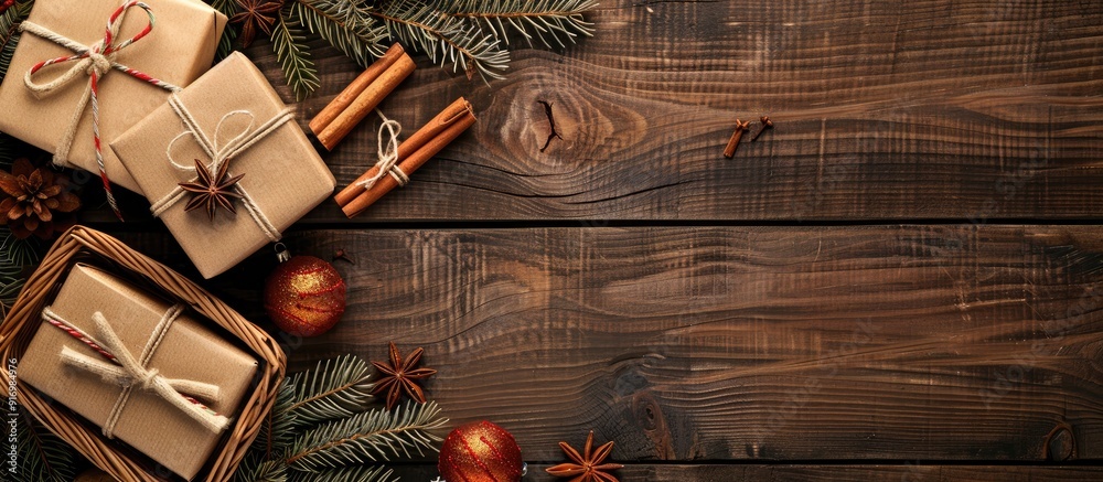 Poster festive christmas gifts displayed on a wooden background including boxes a star anise a basket cinna