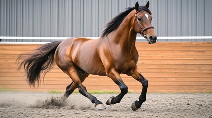 Obraz premium Brown horse trotting inside a training area, its mane flowing in the breeze, with a focused and determined expression