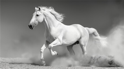 A majestic white horse gallops powerfully through a cloud of dust in monochrome splendor.