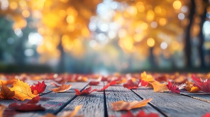yellow and red fall leaves on wooden floor autumn blurred natural background with maple trees in forest : Generative AI
