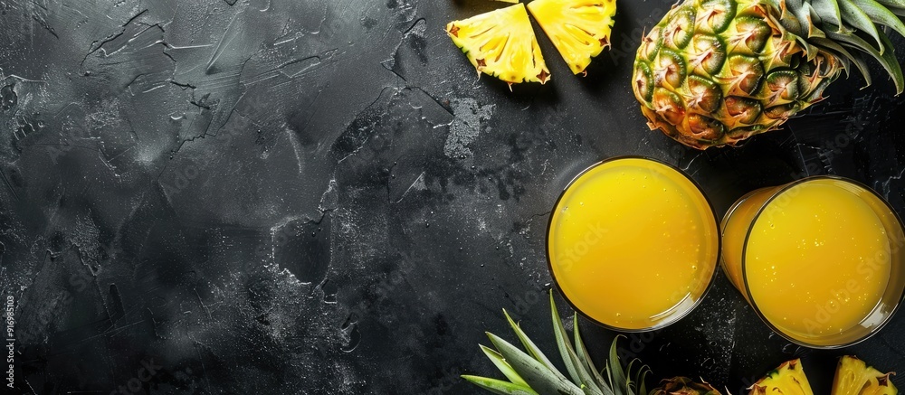 Aufkleber top view copy space image of fresh pineapple juice in a glass with pineapple on black background