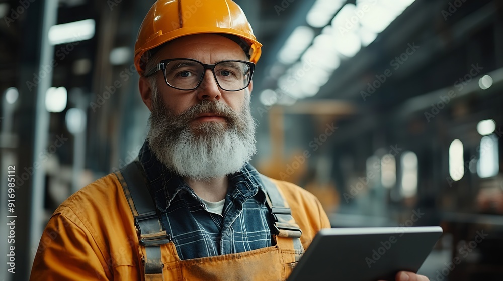 Aufkleber Mature bearded man on construction site Engineer in uniform and glasses holds tablet background of workflow An employee notes something in his gadget in workshop Diversity of proffesio : Generative AI