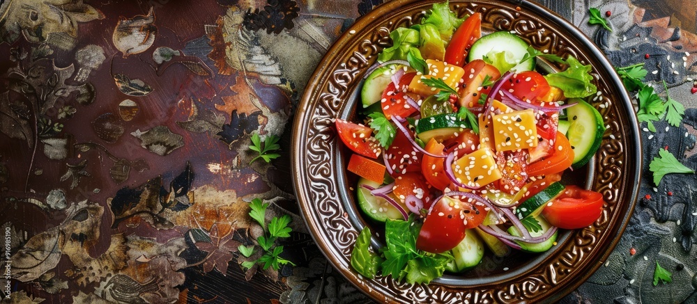 Poster plate of vegetable salad with cheese pepper zucchini tomatoes onions lettuce and lavash bits topped 