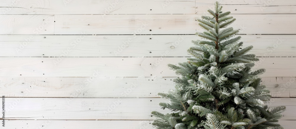 Poster festive christmas fir tree displayed against a white wooden backdrop with copy space image