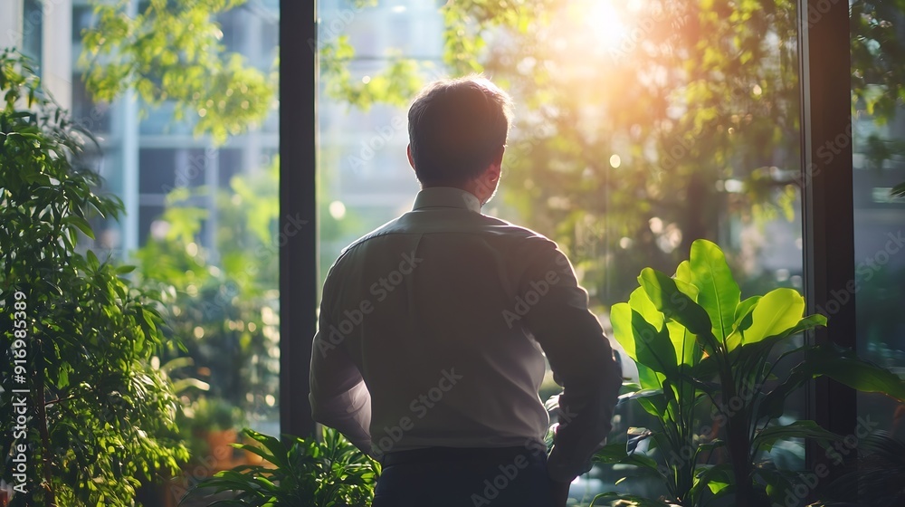 Aufkleber Thinking corporate and back of businessman by window for ideas solution and insight for company growth Professional office and person for problem solving brainstorming decision and ref : Generative AI