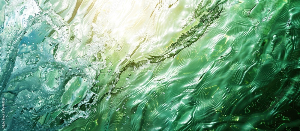 Sticker summer themed banner with a transparent green water surface texture showing ripples and splashes sun