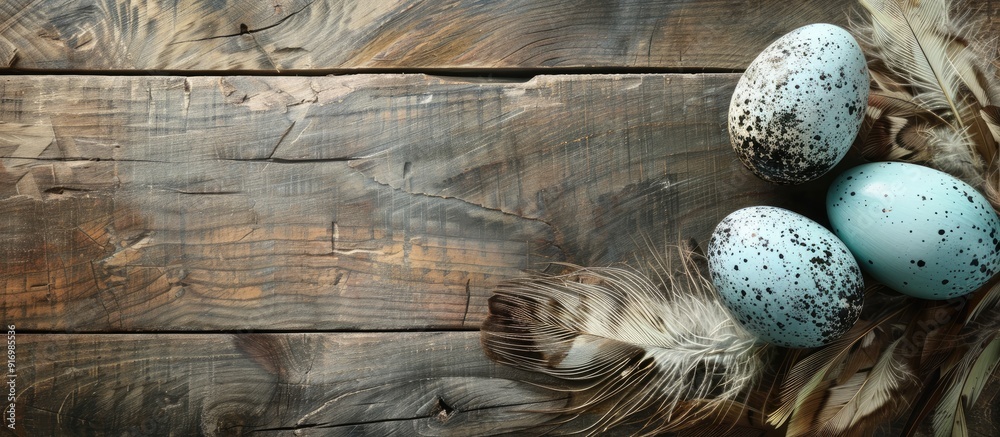 Aufkleber Easter eggs decorated with speckled feathers set against a rustic wooden backdrop create a charming copy space image