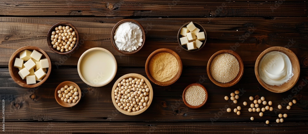 Aufkleber various soy products arranged on a dark wooden surface for a flat lay composition with an available 