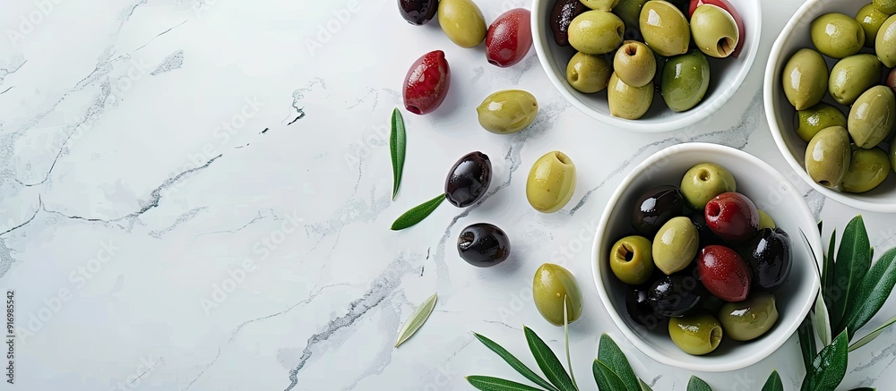 Poster a variety of green red and black olives displayed on a bright marble surface with bowls of olives an